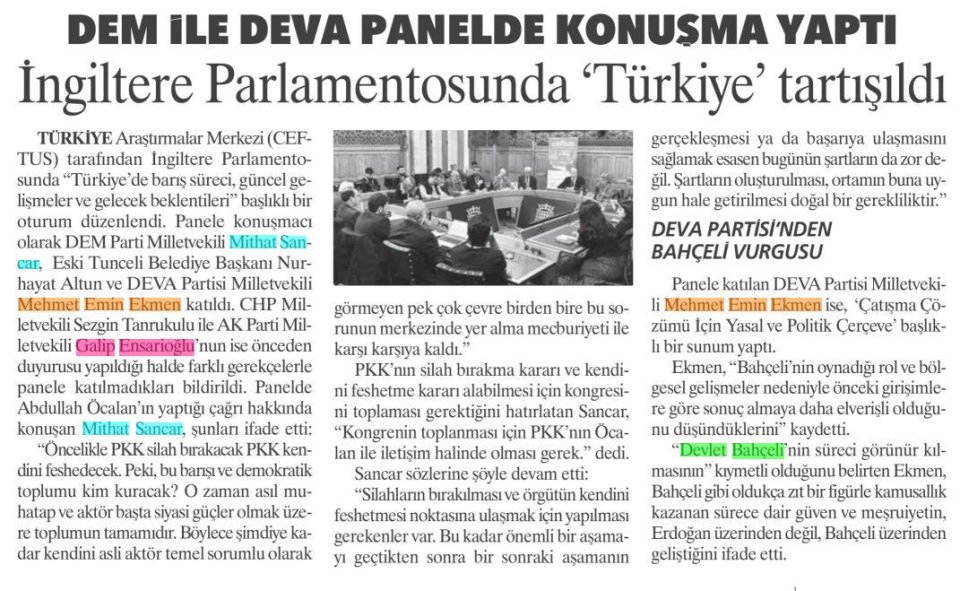 DEM İLE DEVA PANELDE KONUŞMA YAPTI İNGİLTERE PARLAMENTOSUNDA 'TÜRKİYE' TARTIŞILDI