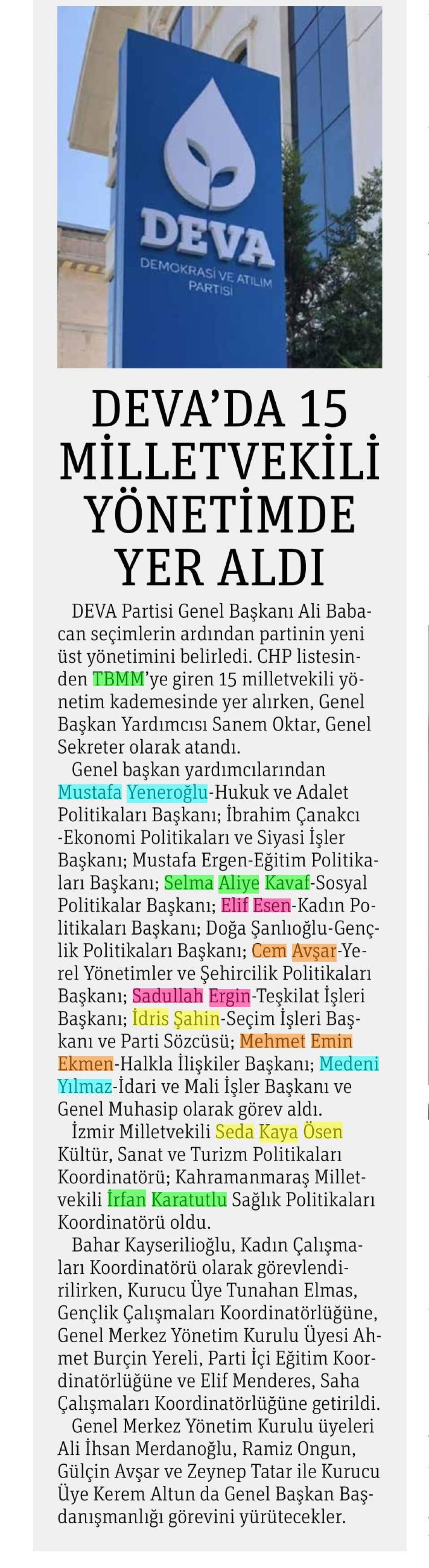 DEVA'DA 15 MİLLETVEKİLİ YÖNETİMDE YER ALDI