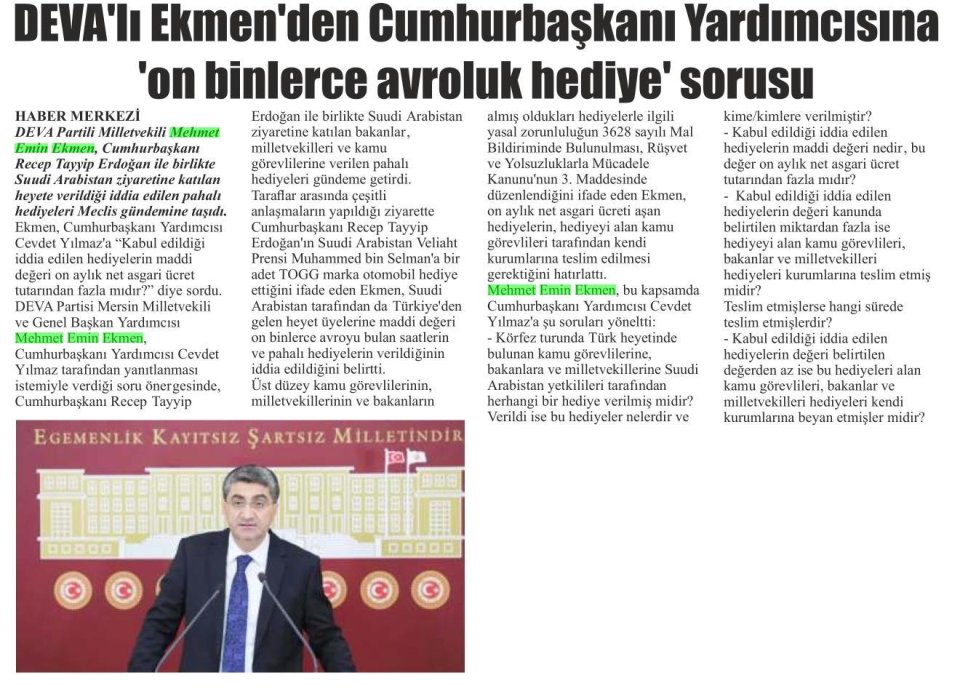 DEVA'LI EKMEN'DEN CUMHURBAŞKANI YARDIMCISINA 'ON BİNLERCE AVROLUK HEDİYE' SORUSU