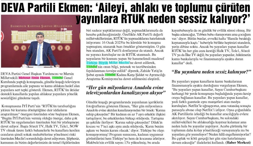 DEVA PARTİLİ EKMEN: 'AİLEYİ, AHLAKI VE TOPLUMU ÇÜRÜTEN YAYINLARA RTÜK NEDEN SESSİZ KALIYOR?'