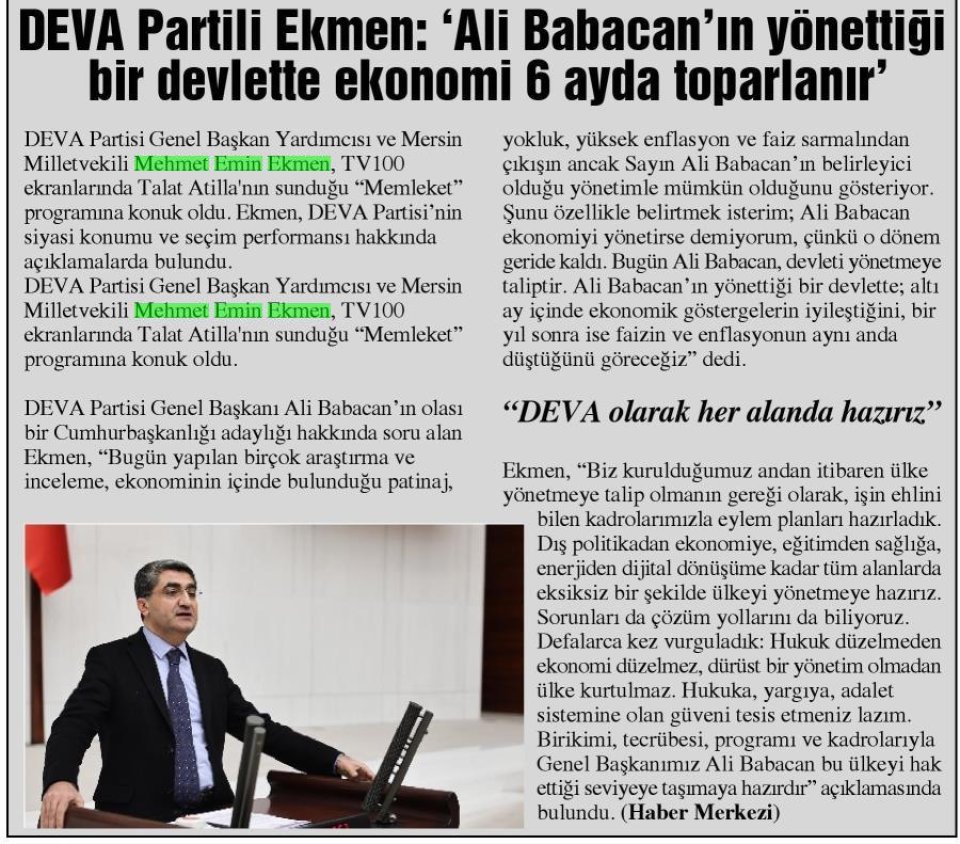 DEVA PARTİLİ EKMEN: ALİ BABACAN'IN YÖNETTİĞİ BİR DEVLETTE EKONOMİ 6 AYDA TOPARLANIR