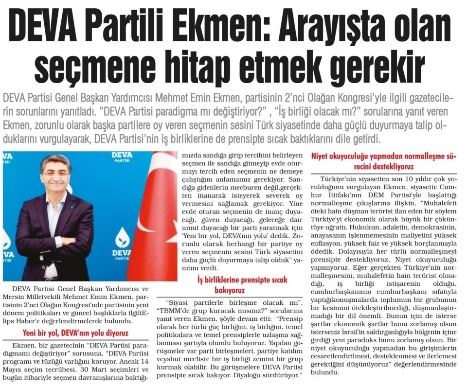 DEVA PARTİLİ EKMEN: ARAYIŞTA OLAN SEÇMENE HİTAP ETMEK GEREKİR