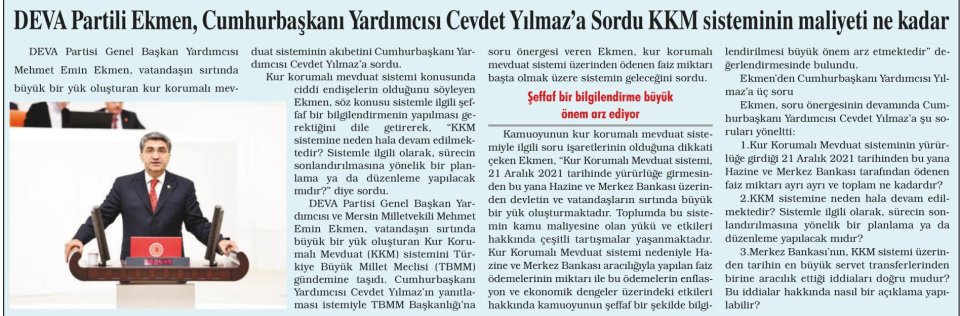 DEVA PARTİLİ EKMEN, CUMHURBAŞKANI YARDIMCISI CEVDET YILMAZ'A SORDU KKM SİSTEMİNİN MALİYETİ NE KADAR