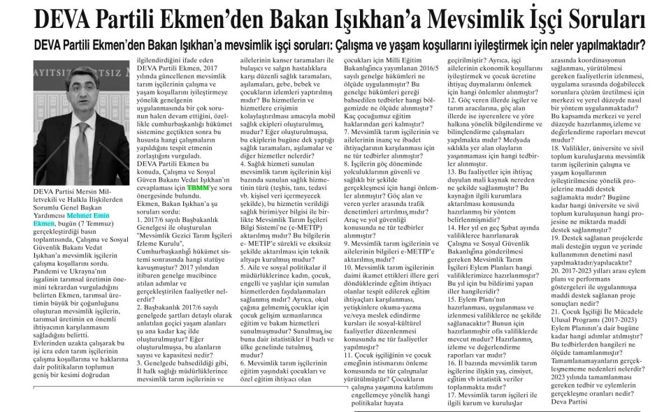 DEVA PARTİLİ EKMEN'DEN BAKAN IŞIKHAN'A MEVSİMLİK İŞÇİ SORULARI
