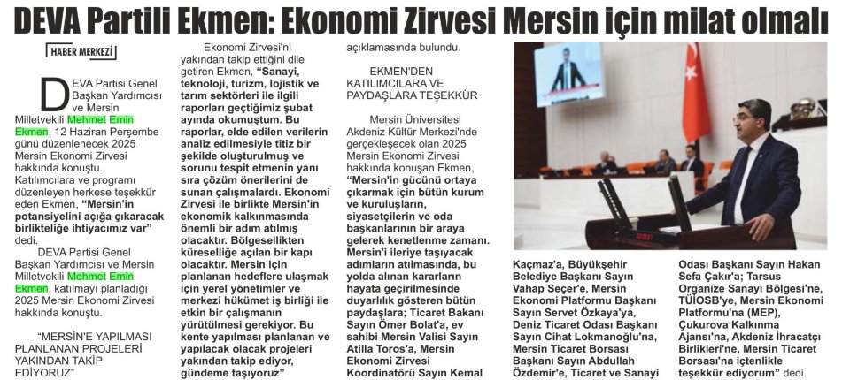 DEVA PARTİLİ EKMEN: EKONOMİ ZİRVESİ MERSİN İÇİN MİLAT OLMALI