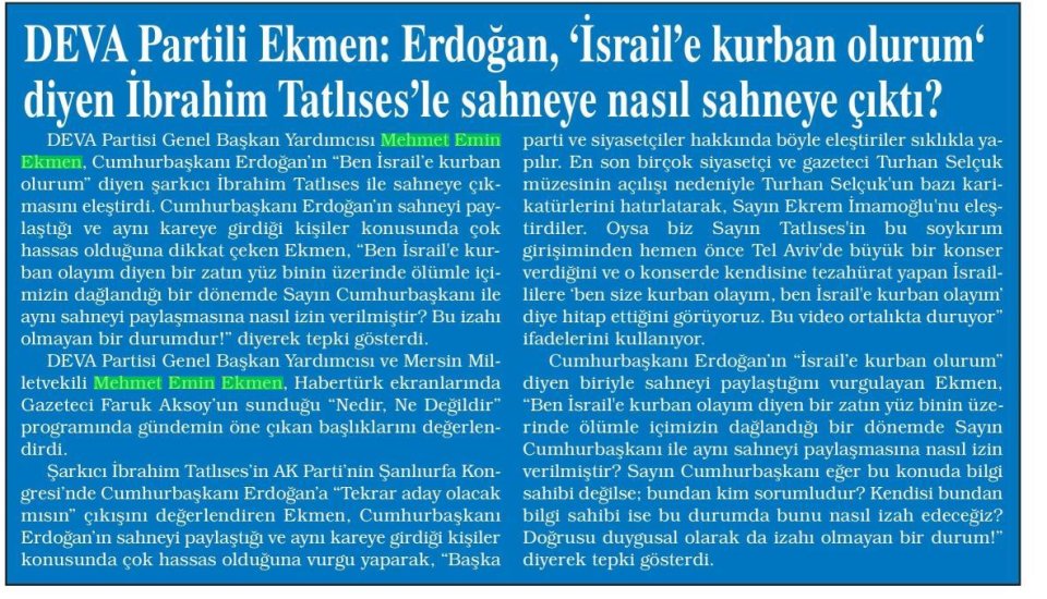 DEVA PARTİLİ EKMEN: ERDOĞAN, 'İSRAİL'E KURBAN OLURUM' DİYEN İBRAHİM TATLISES'LE SAHNEYE NASIL ÇIKTI?