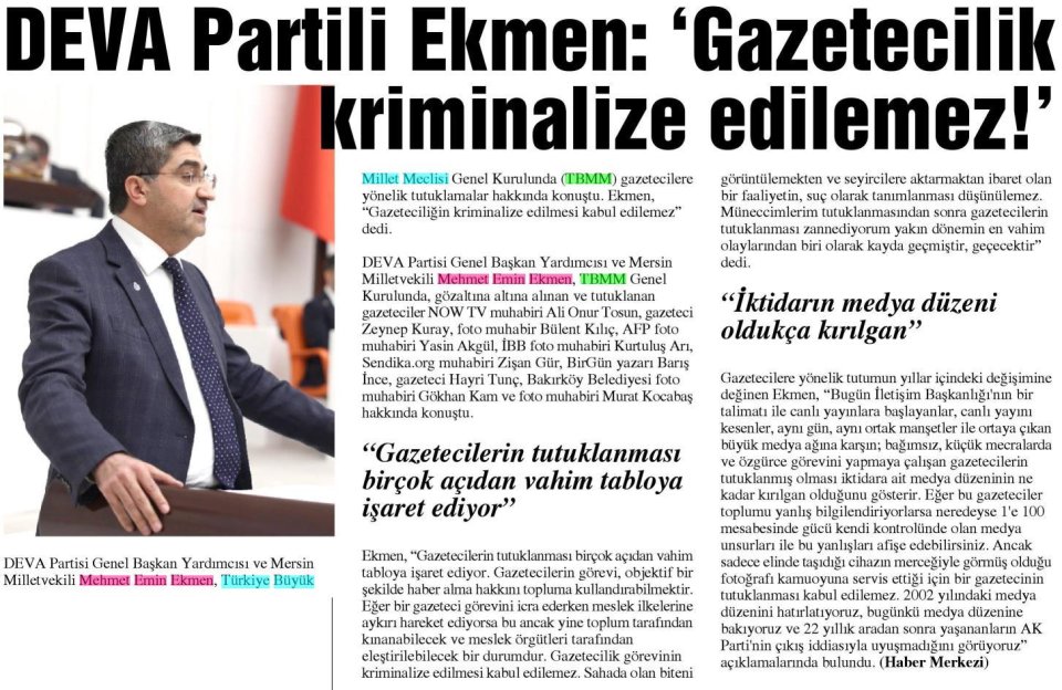 DEVA PARTİLİ EKMEN: 'GAZETECİLİK KRİMİNALİZE EDİLEMEZ!'