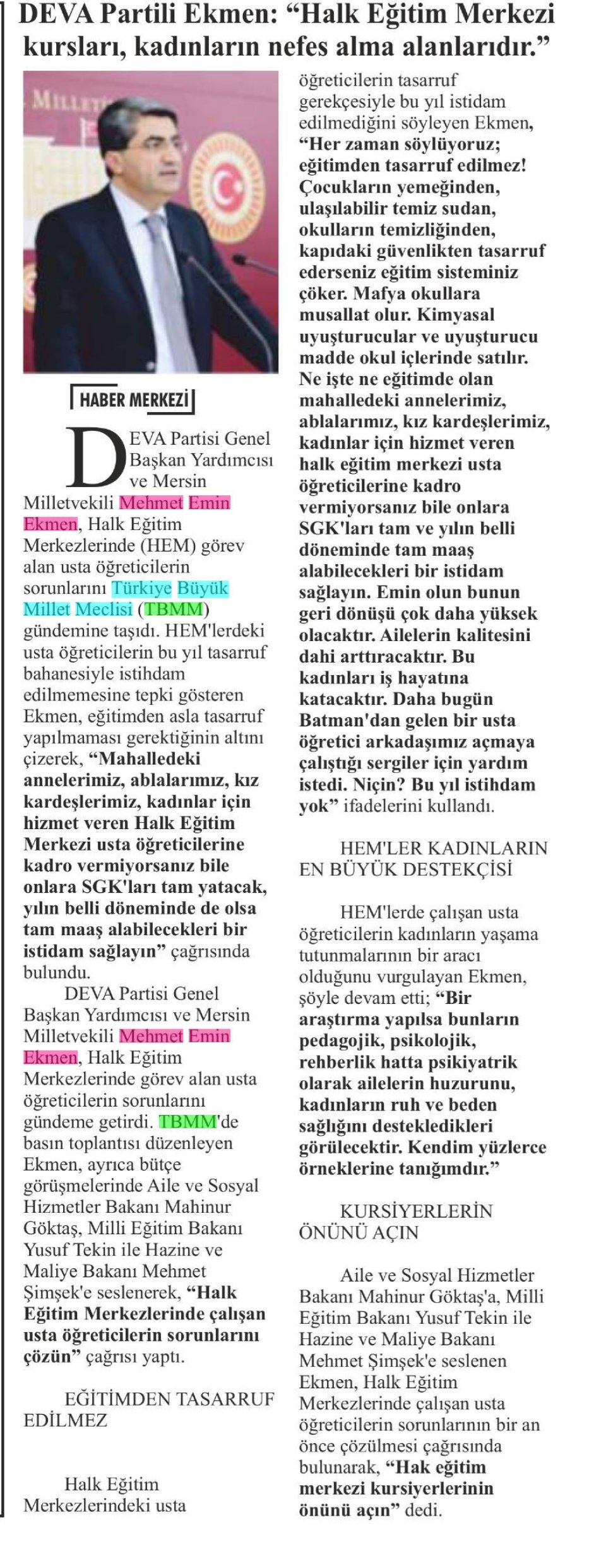 DEVA PARTİLİ EKMEN: 