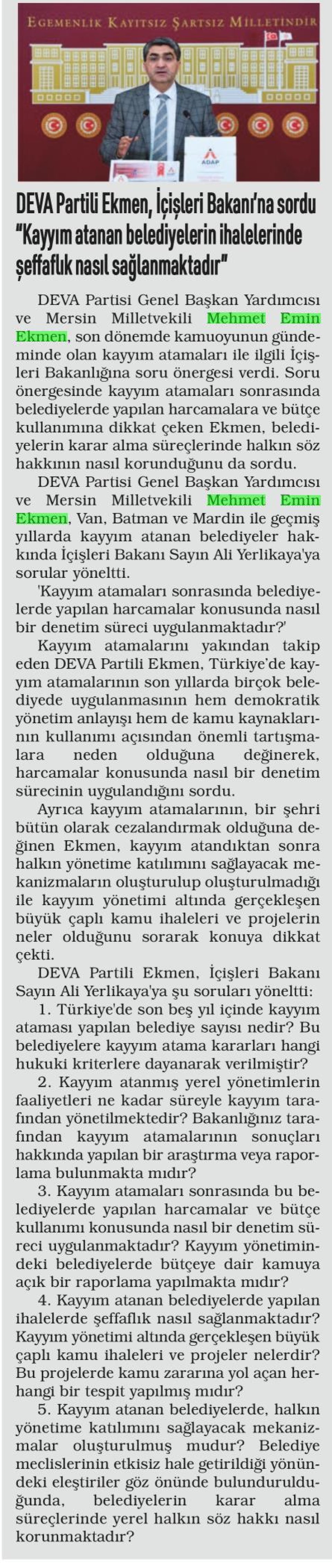 DEVA PARTİLİ EKMEN, İÇİŞLERİ BAKANI'NA SORDU 