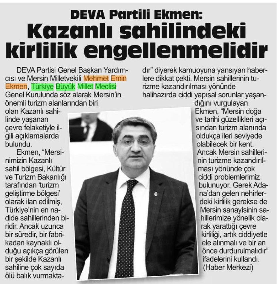 DEVA PARTİLİ EKMEN: KAZANLI SAHİLİNDEKİ KİRLİLİK ENGELLENMELİDİR