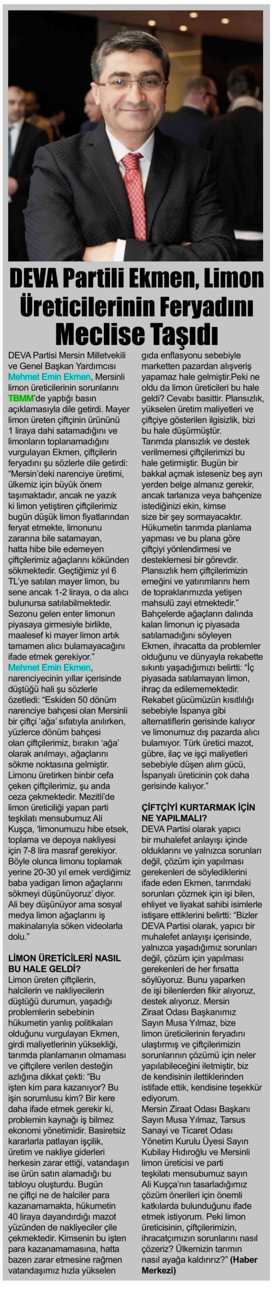 DEVA PARTİLİ EKMEN, LİMON ÜRETİCİLERİNİN FERYADINI MECLİSE TAŞIDI