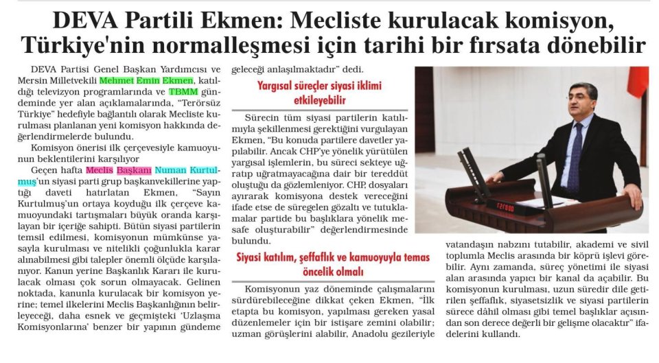 DEVA PARTİLİ EKMEN: MECLİSTE KURULACAK KOMİSYON TÜRKİYE'NİN NORMALLEŞMESİ İÇİN TARİHİ BİR FIRSATA DÖNEBİLİR