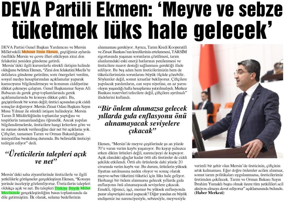 DEVA PARTİLİ EKMEN: 'MEYVE VE SEBZE TÜKETMEK LÜKS HALE GELECEK'