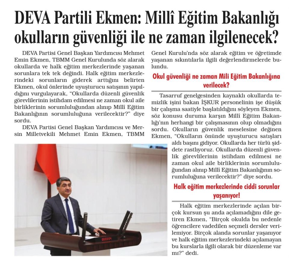 DEVA PARTİLİ EKMEN: MİLLİ EĞİTİM BAKANLIĞI OKULLARIN GÜVENLİĞİ İLE NE ZAMAN İLGİLENECEK?
