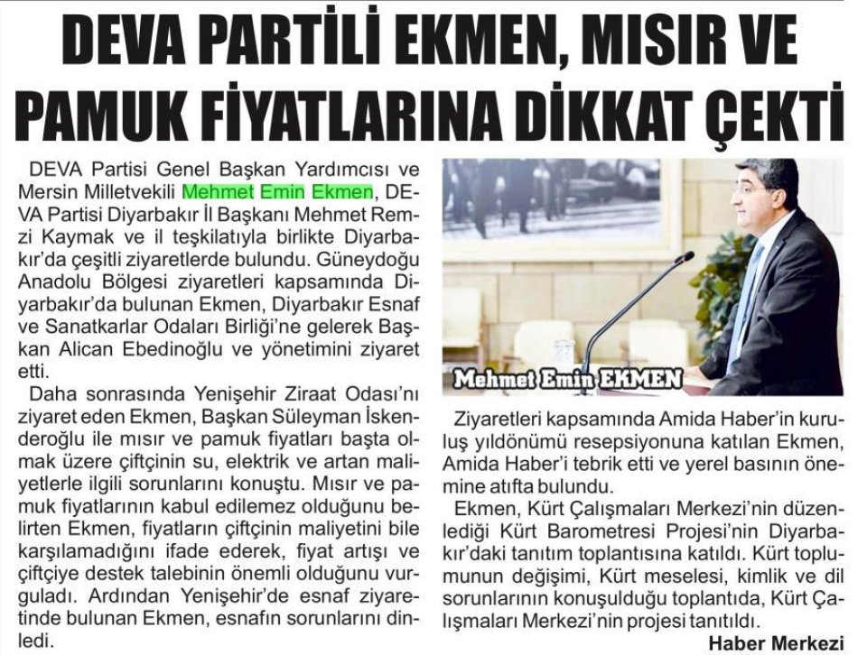 DEVA PARTİLİ EKMEN, MISIR VE PAMUK FİYATLARINA DİKKAT ÇEKTİ