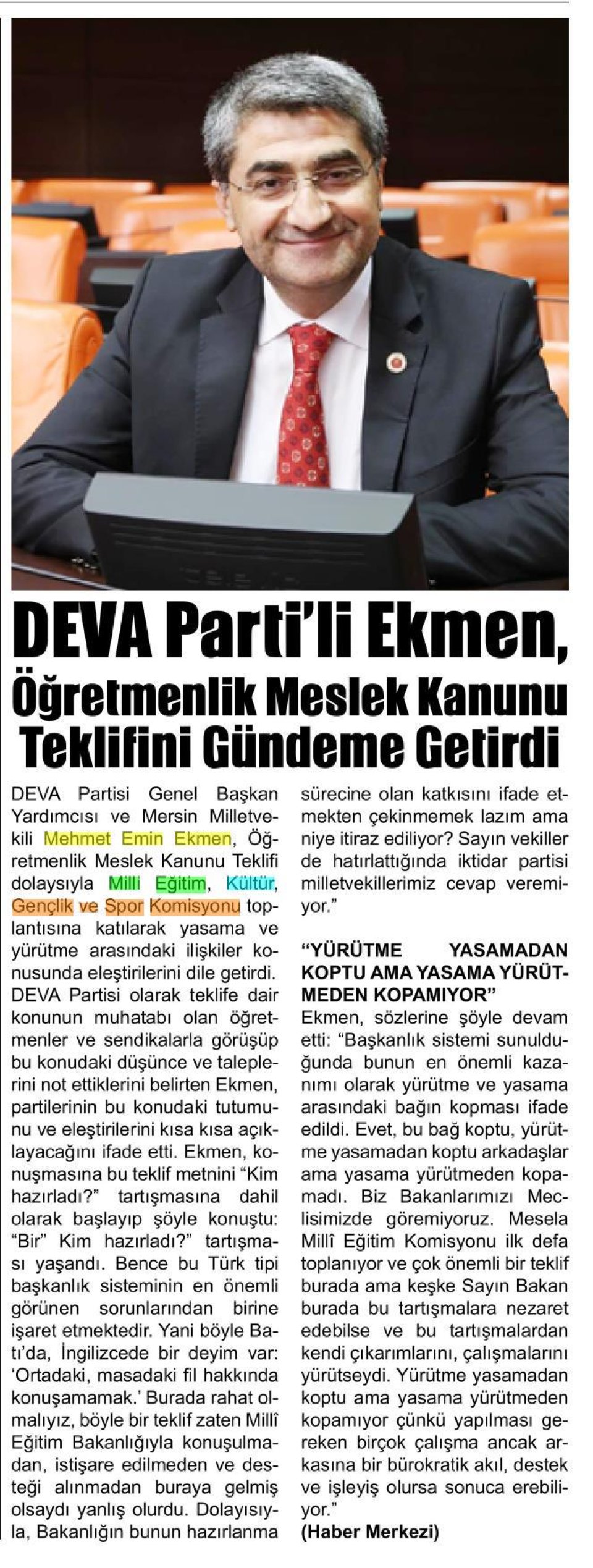 DEVA PARTİLİ EKMEN, ÖĞRETMENLİK MESLEK KANUNU TEKLİFİNİ GÜNDEME GETİRDİ