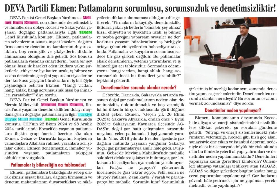 DEVA PARTİLİ EKMEN: PATLAMALARIN SORUMLUSU, SORUMSUZLUK VE DENETİMSİZLİKTİR!