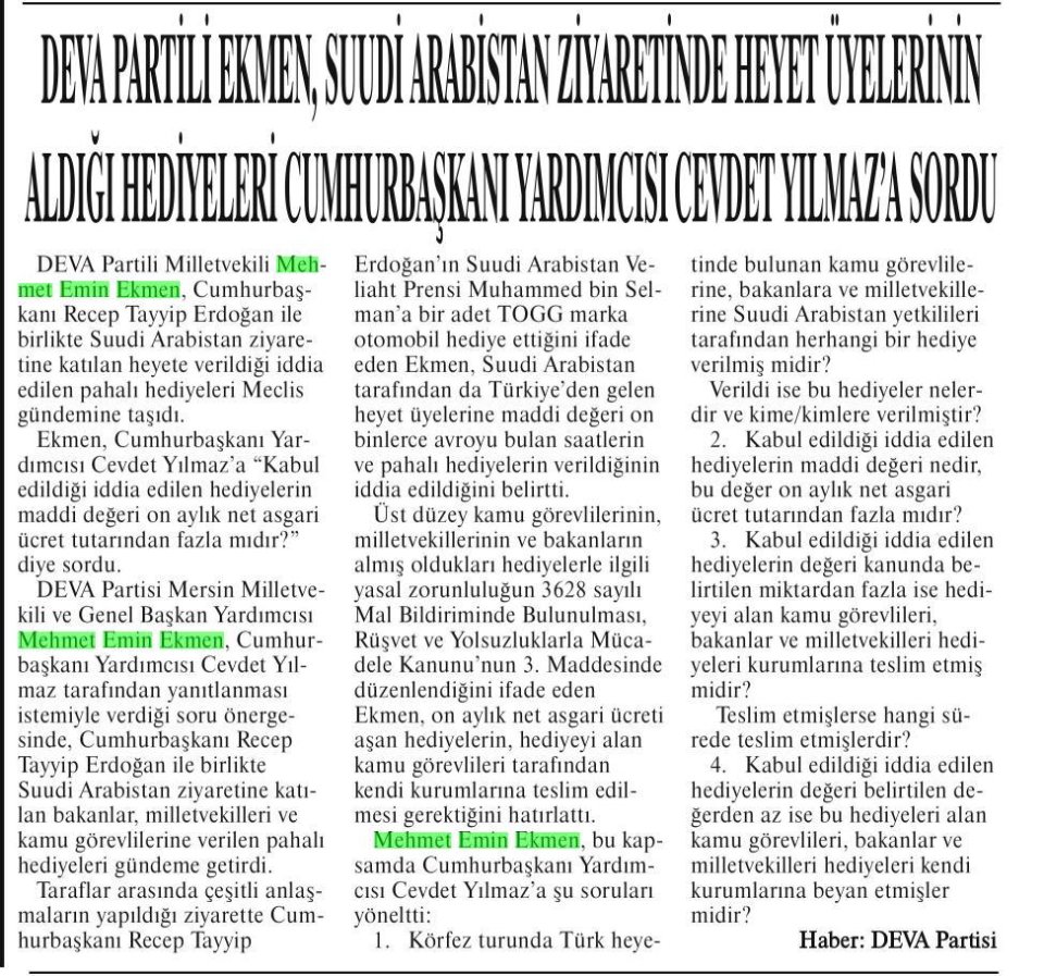DEVA PARTİLİ EKMEN SUUDİ ARABİSTAN ZİYARETİNDE HEYET ÜYELERİNİN ALDIĞI HEDİYELERİ CUMHURBAŞKANI YARDIMCISI CEVDET YILMAZ'A SORDU