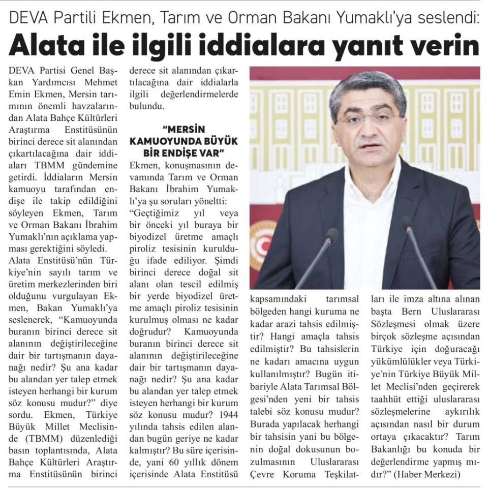 DEVA PARTİLİ EKMEN, TARIM VE ORMAN BAKANI YUMAKLI'YA SESLENDİ
