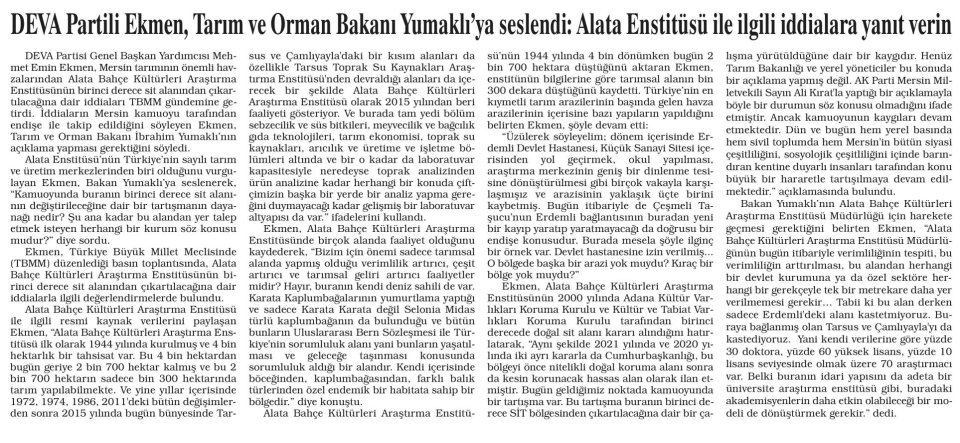 DEVA PARTİLİ EKMEN, TARIM VE ORMAN BAKANI YUMAKLI'YA SESLENDİ