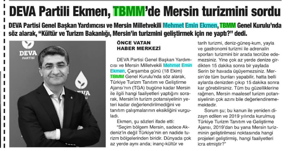 DEVA PARTİLİ EKMEN, TBMM'DE MERSİN TURİZMİNİ SORDU