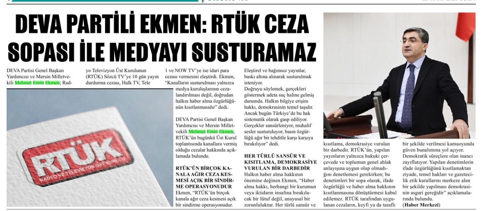 DEVA PARTİLİ EKMEN: TRÜK CEZA SOPASI İLE MEDYAYI SUSTURAMAZ