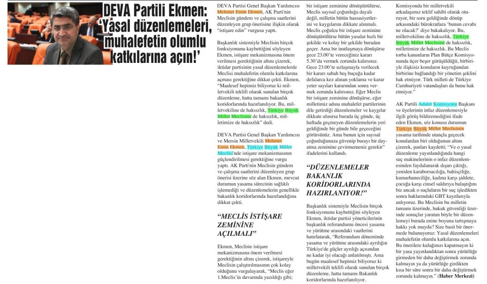 DEVA PARTİLİ EKMEN: 'YASAL DÜZENLEMELERİ, MUHALEFETİN OLUMLU KATKILARINA AÇIN!'