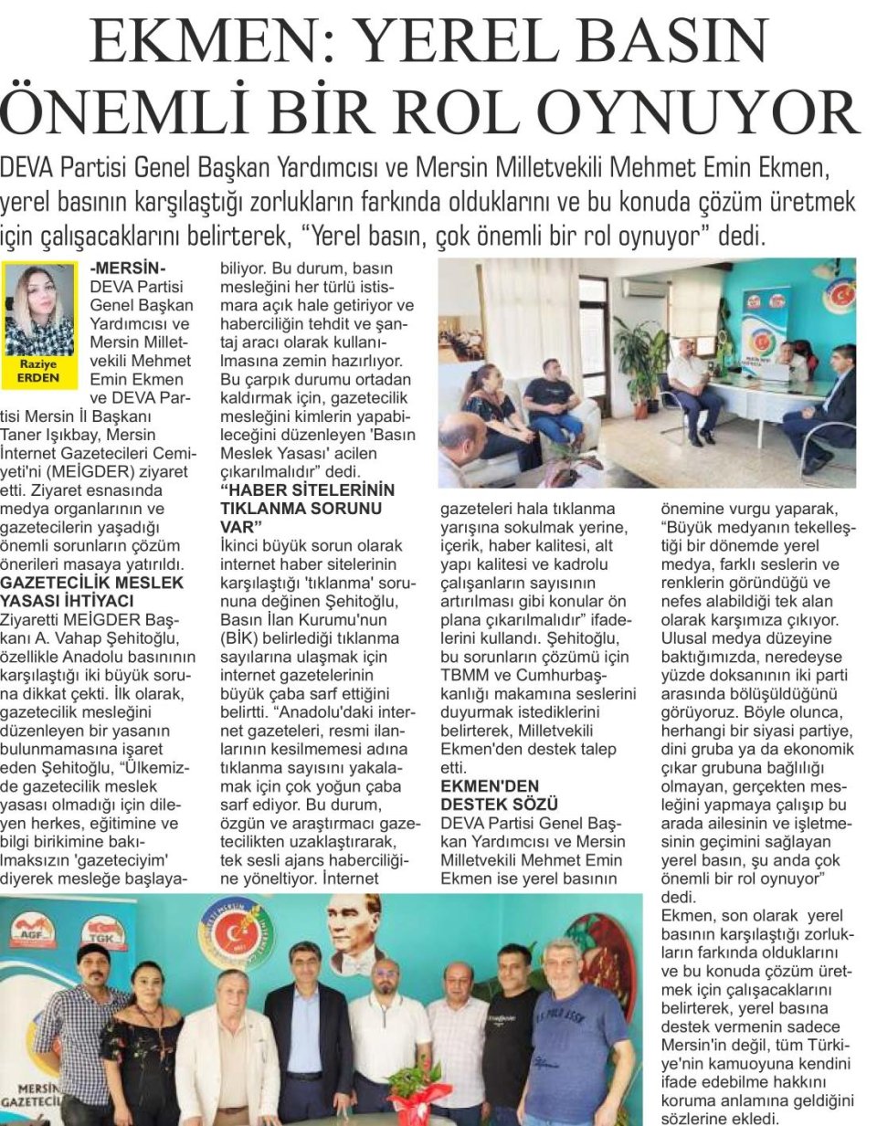 DEVA PARTİLİ EKMEN YEREL BASININ ÖNEMİNE DİKKAT ÇEKTİ