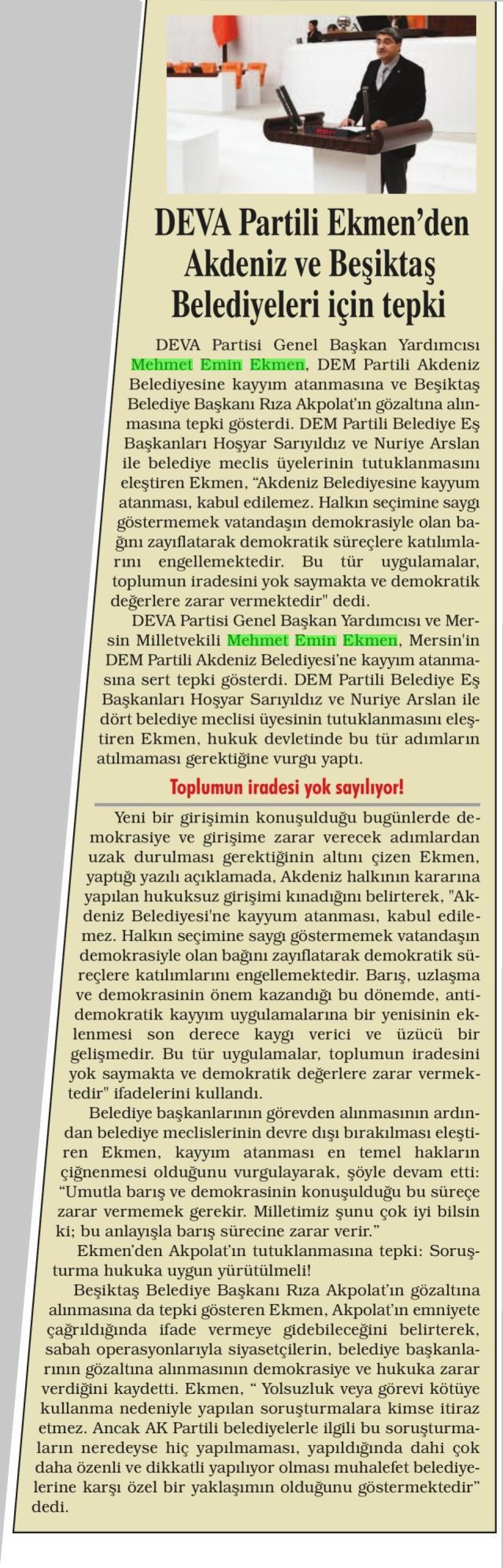 DEVA PARTİLİ EKMEN'DEN AKDENİZ VE BEŞİKTAŞ BELEDİYELERİ İÇİN TEPKİ