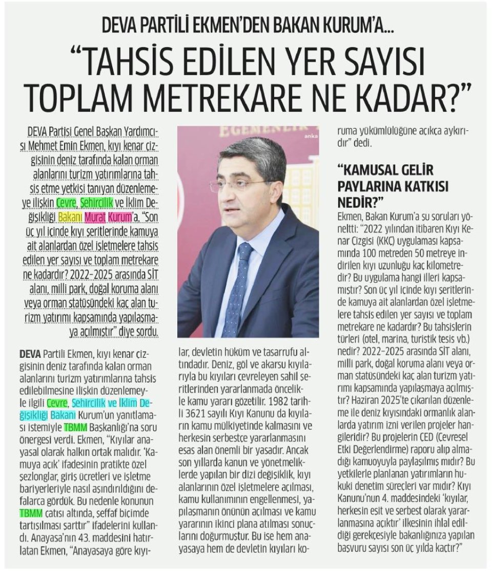 DEVA PARTİLİ EKMENDEN BAKAN KURUM'A