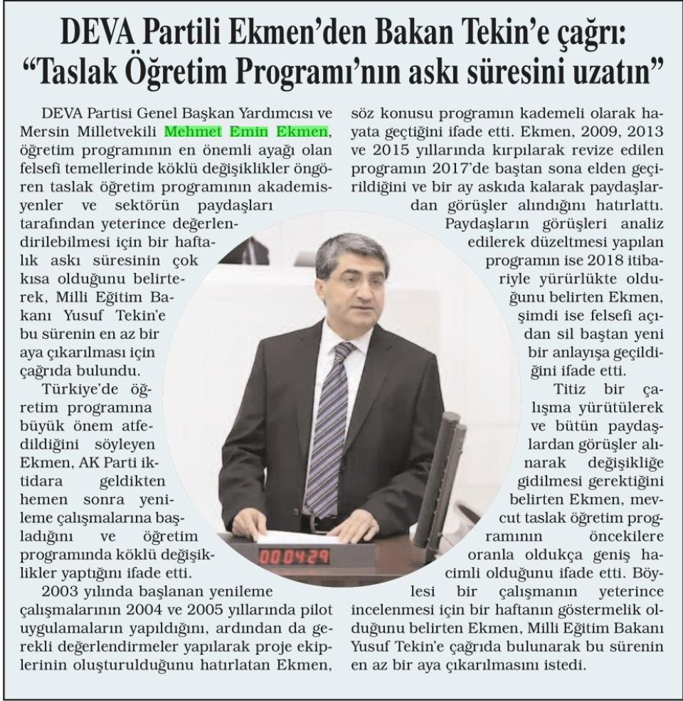 DEVA PARTİLİ EKMEN'DEN BAKAN TEKİN'E ÇAĞRI: TASLAK ÖĞRETİM PROGRAMININ ASKI SÜRESİNİ UZATIN
