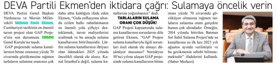 DEVA PARTİLİ EKMEN'DEN İKTİDARA ÇAĞRI