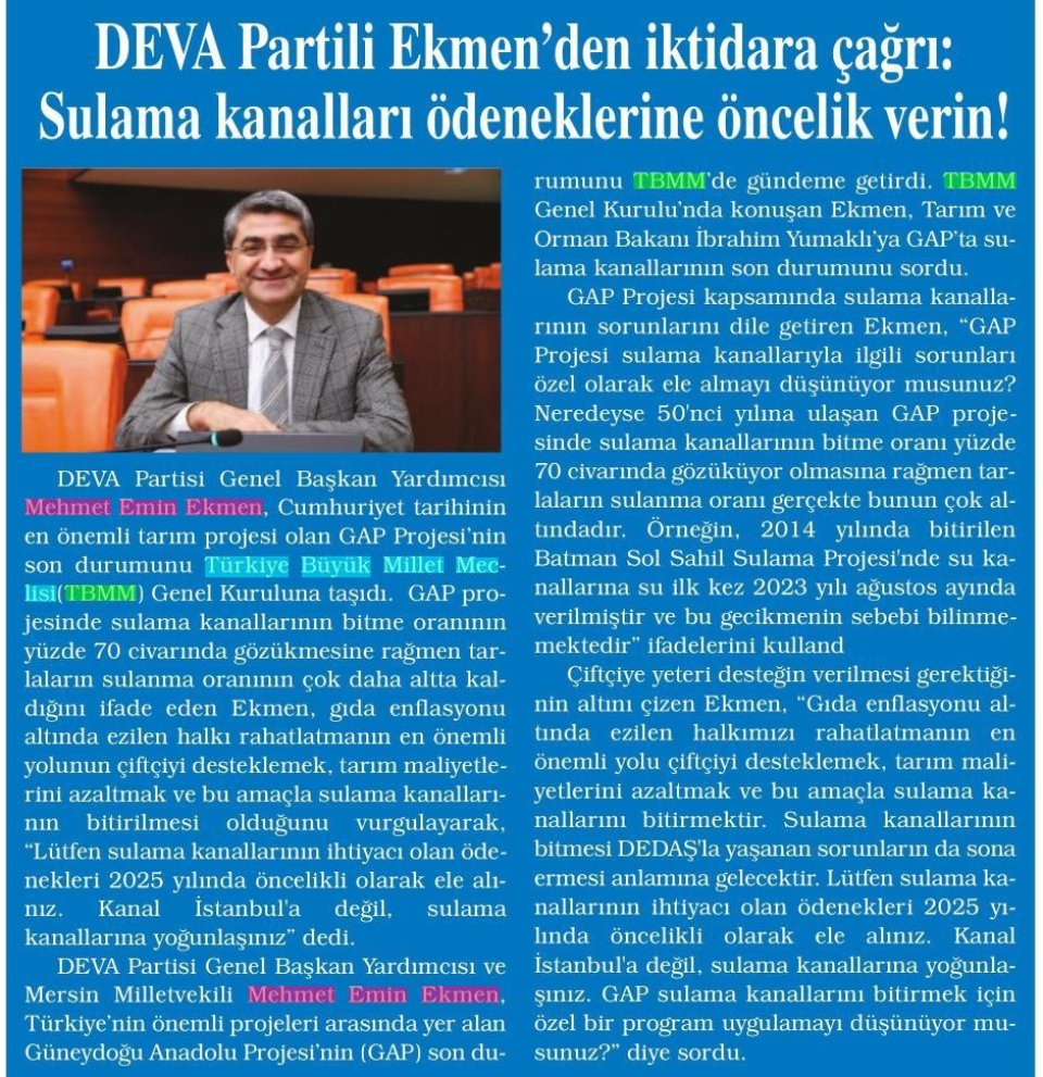 DEVA PARTİLİ EKMEN'DEN İKTİDARA ÇAĞRI: SULAMA KANALLARI ÖDENEKLERİNE ÖNCELİK VERİN!