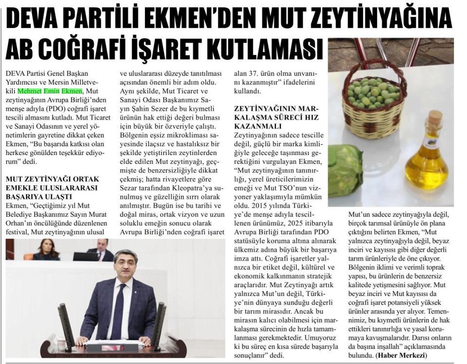DEVA PARTİLİ EKMEN'DEN MUT ZEYTİNYAĞINA AB COĞRAFİ İŞARET KUTLAMASI