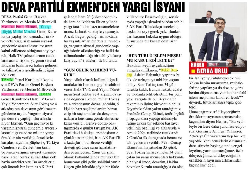 DEVA PARTİLİ EKMENDEN YARGI İSYANI