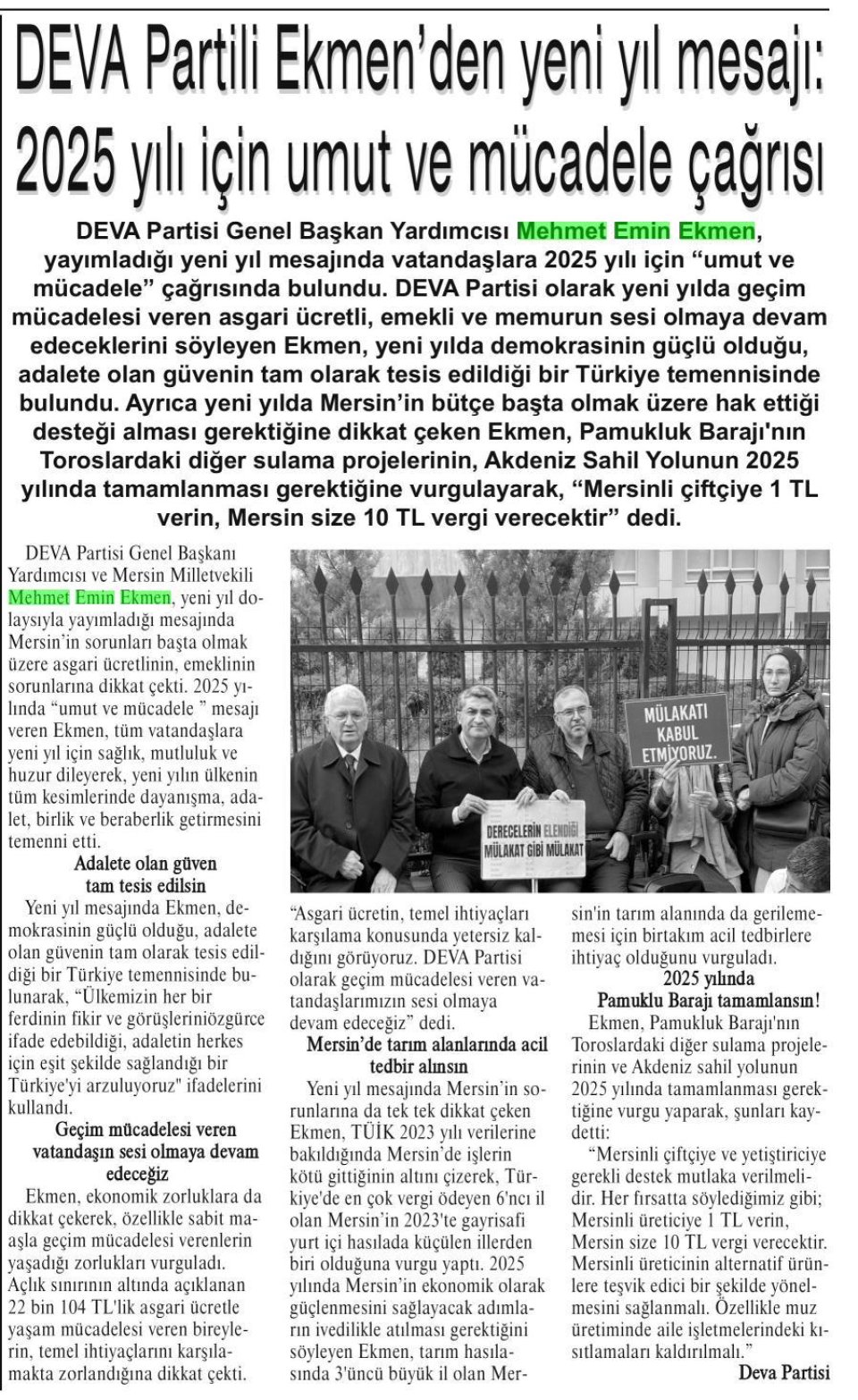 DEVA PARTİLİ EKMEN'DEN YENİ YIL MESAJI: 2025 YILI İÇİN UMUT MÜCADELE ÇAĞRISI