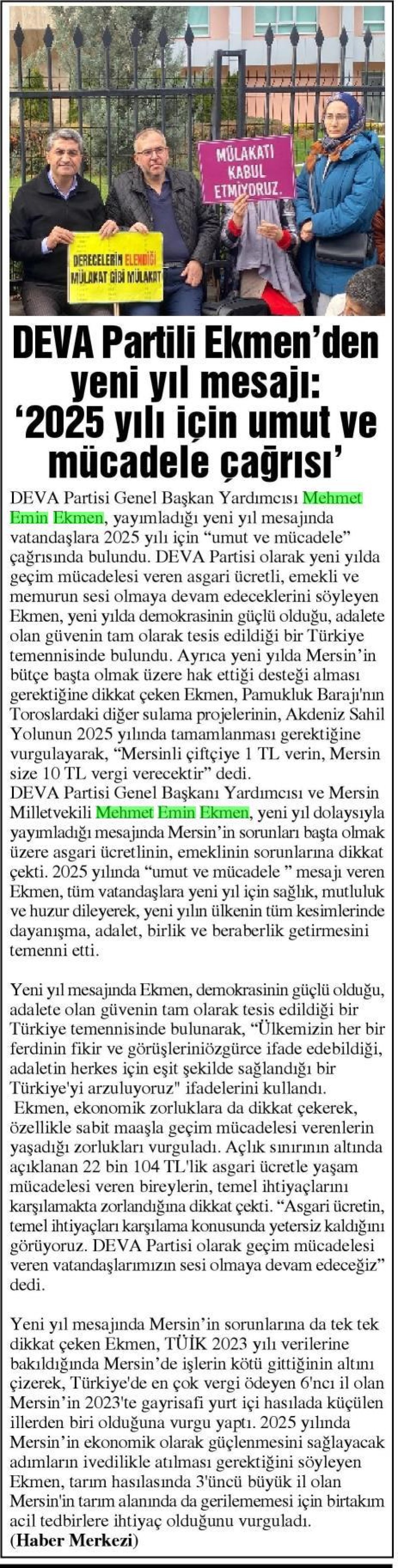DEVA PARTİLİ EKMEN'DEN YENİ YIL MESAJI: '2025 YILI İÇİN UMUT VE MÜCADELE ÇAĞRISI'