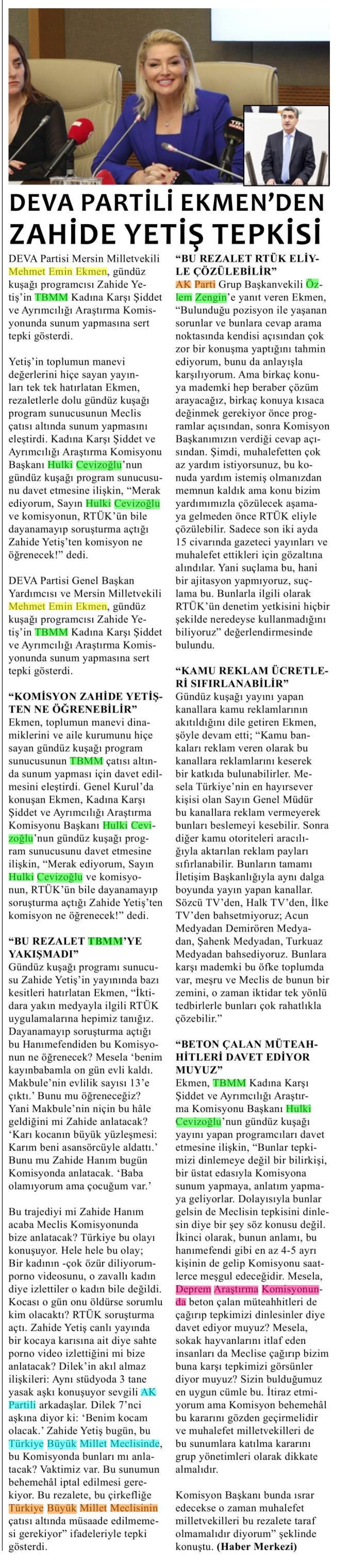  DEVA PARTİLİ EKMEN'DEN ZAHİDE YETİŞ TEPKİSİ
