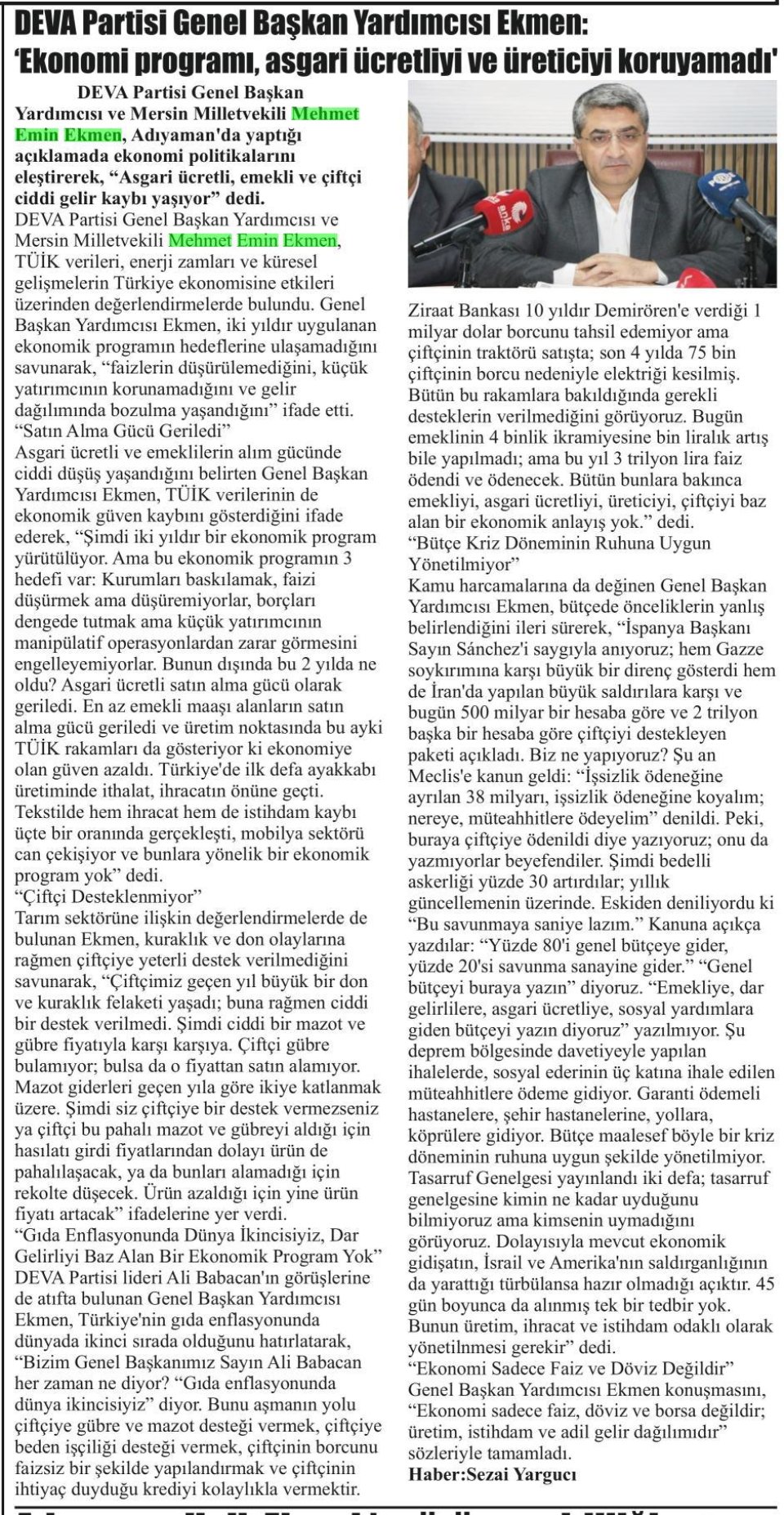 DEVA PARTİSİ GENEL BAŞKAN YARDIMCISI EKMEN: 'EKONOMİ PROGRAMI, ASGARİ ÜCRETLİYİ VE ÜRETİCİYİ KORUYAMADI'