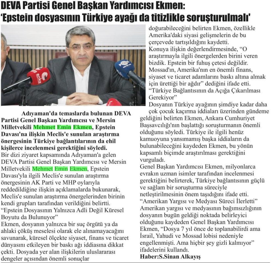 DEVA PARTİSİ GENEL BAŞKAN YARDIMCISI EKMEN: 'EPSTEİN DOSYASININ TÜRKİYE AYAĞI DA TİTİZLİKLE SORUŞTURULMALI'