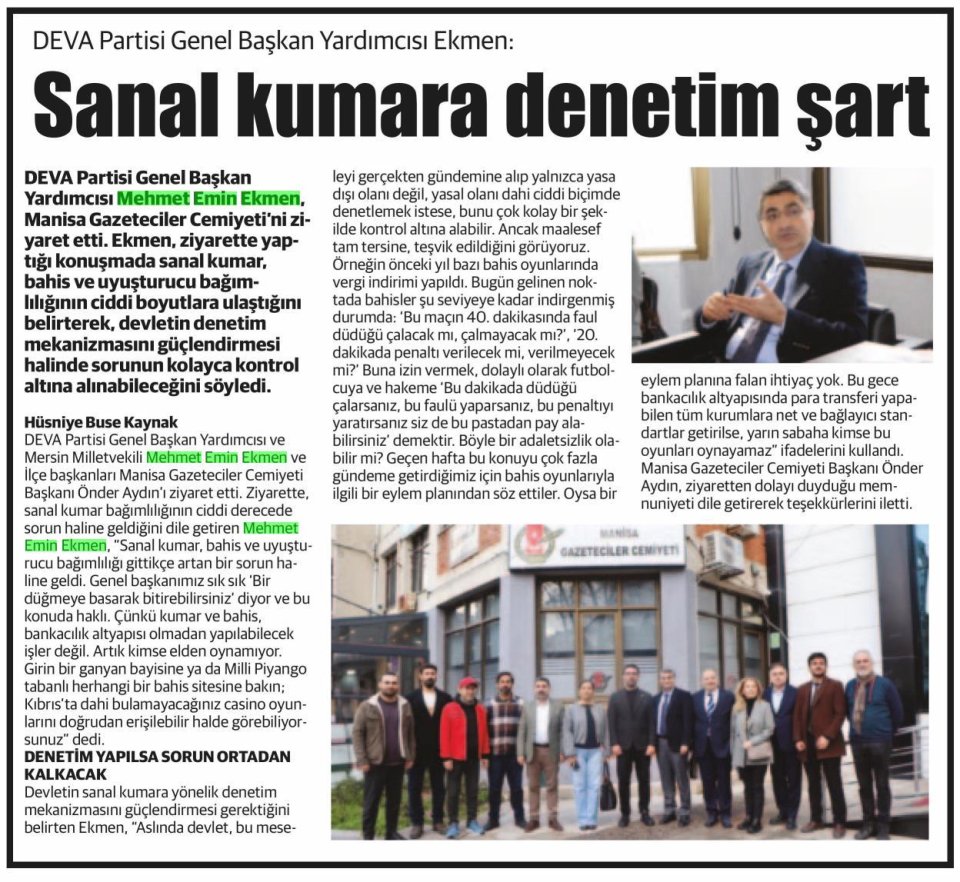 DEVA PARTİSİ GENEL BAŞKAN YARDIMCISI EKMEN: SANAL KUMARA DENETİM ŞART