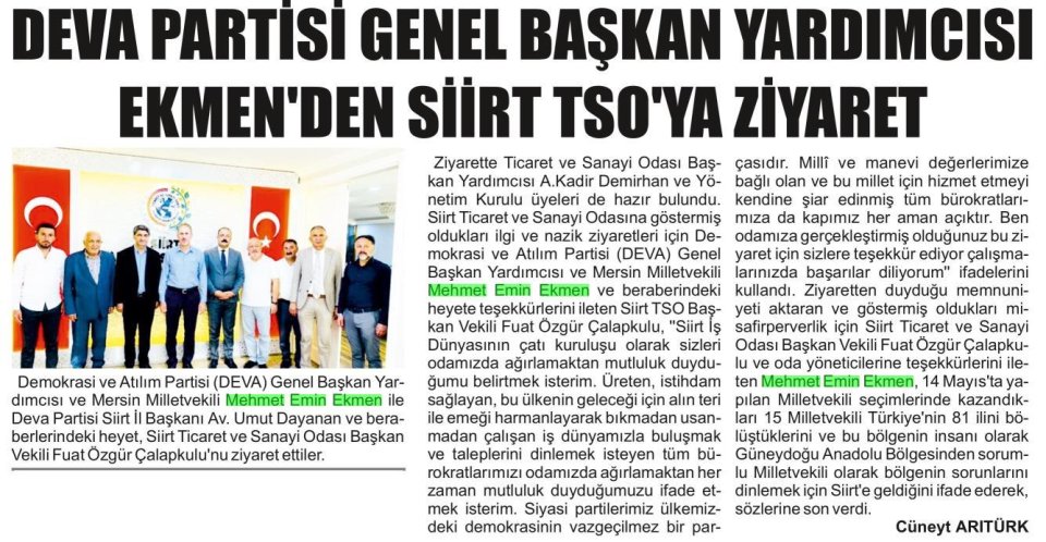 DEVA PARTİSİ GENEL BAŞKAN YARDIMCISI EKMENDEN SİİRT TSO YA ZİYARET