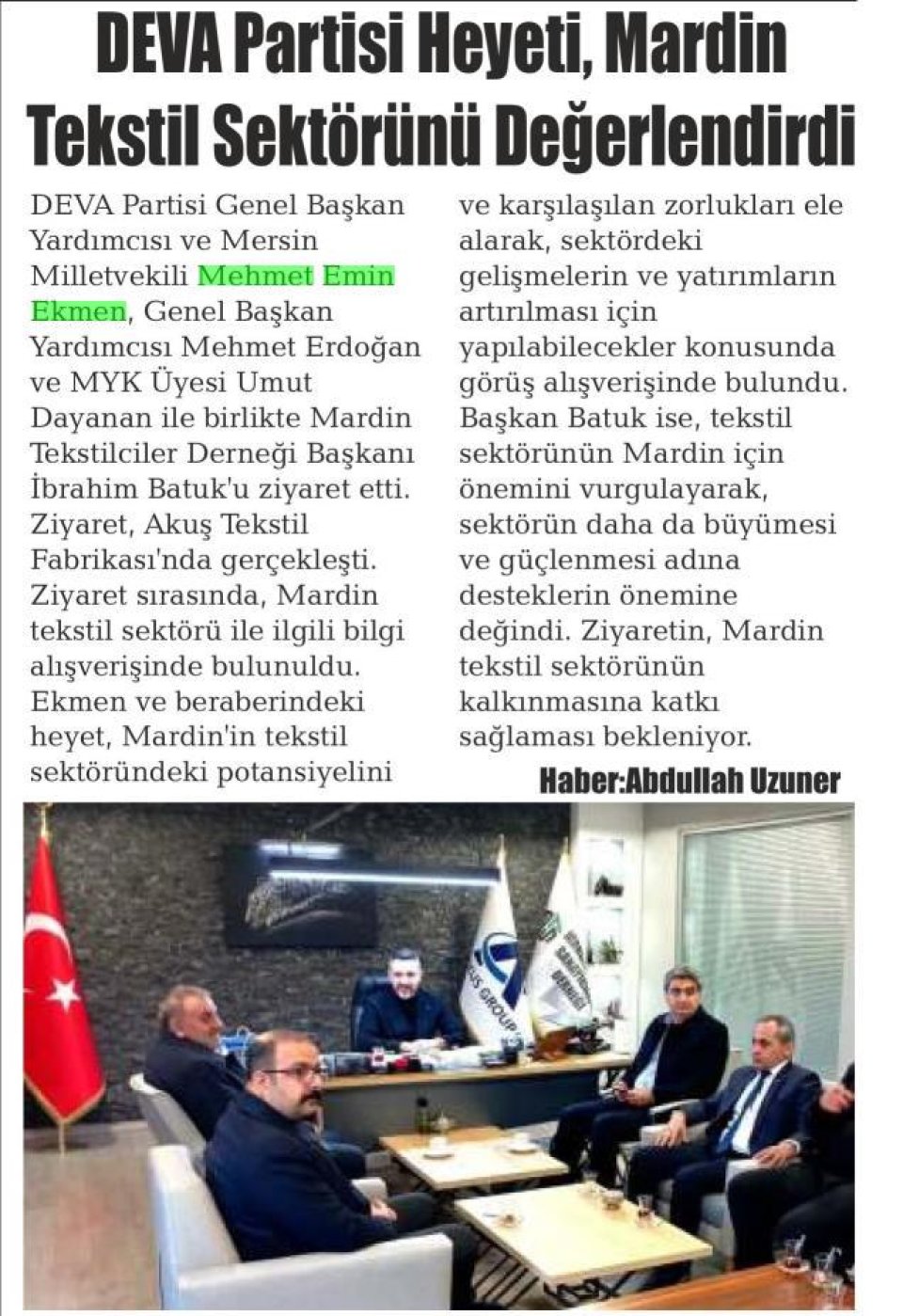 DEVA PARTİSİ HEYETİ, MARDİN TEKSTİL SEKTÖRÜNÜ DEĞERLENDİRDİ