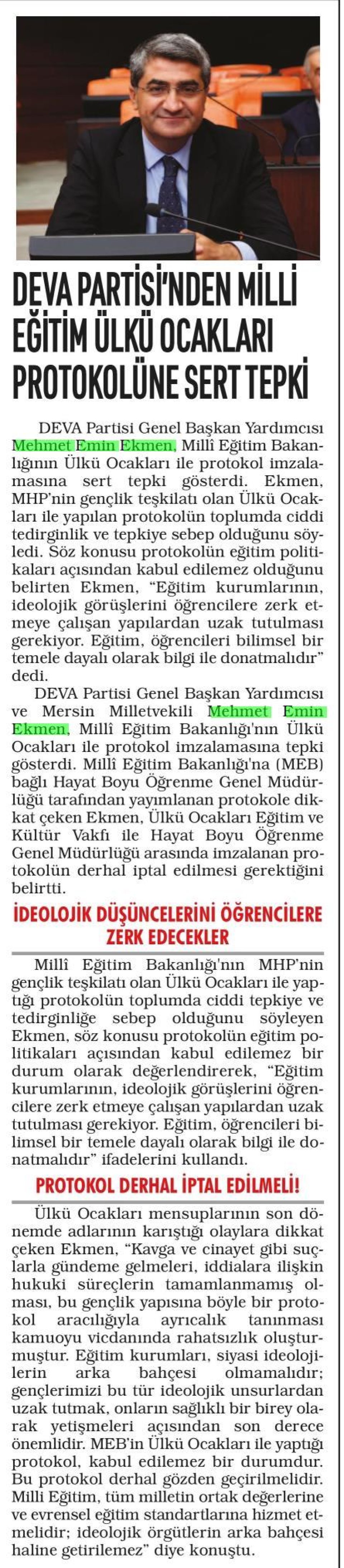 DEVA PARTİSİ'NDEN MİLLİ EĞİTİM ÜLKÜ OCAKLARI PROTOKOLÜNE SERT TEPKİ