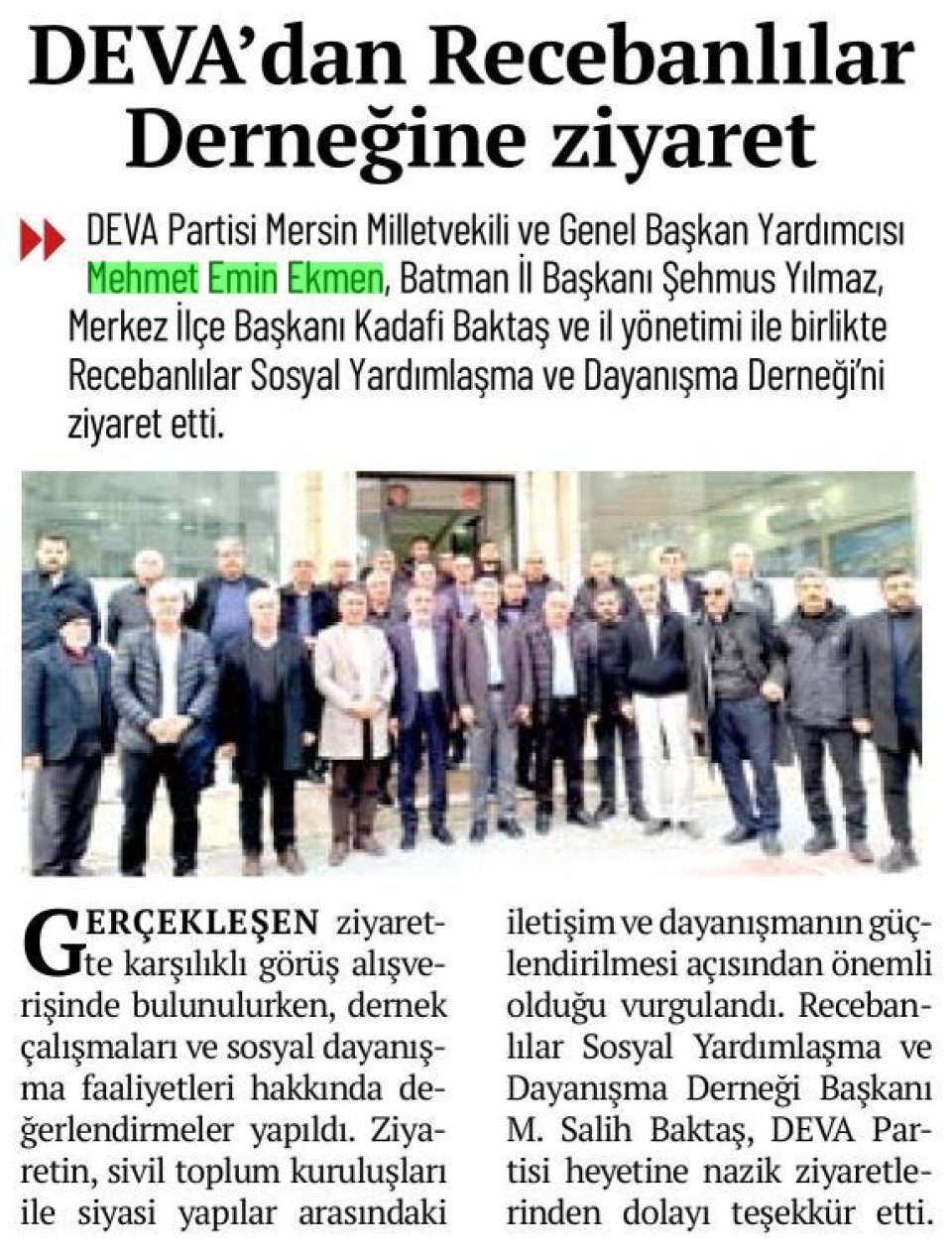DEVA'DAN RECEBANLILAR DERNEĞİNE ZİYARET