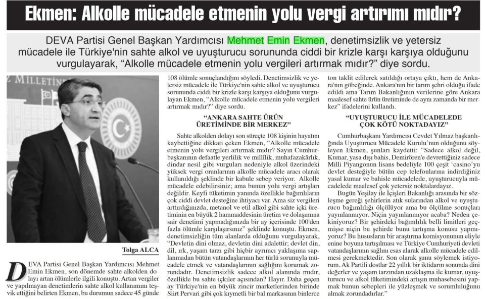 EKMEN: ALKOLLE MÜCADELE ETMENİN YOLU VERGİ ARTIRIMI MIDIR?