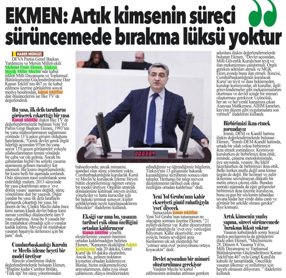 EKMEN: ARTIK KİMSENİN SÜRECİ SÜRÜNCEMEDE BIRAKMA LÜKSÜ YOKTUR