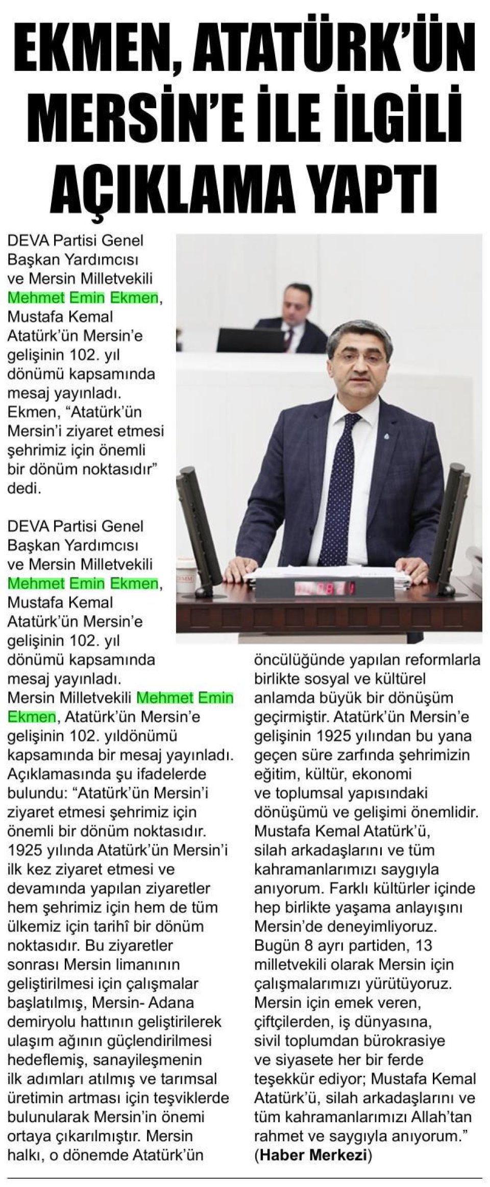 EKMEN, ATATÜRK'ÜN MERSİN'E İLE İLGİLİ AÇIKLAMA YAPTI
