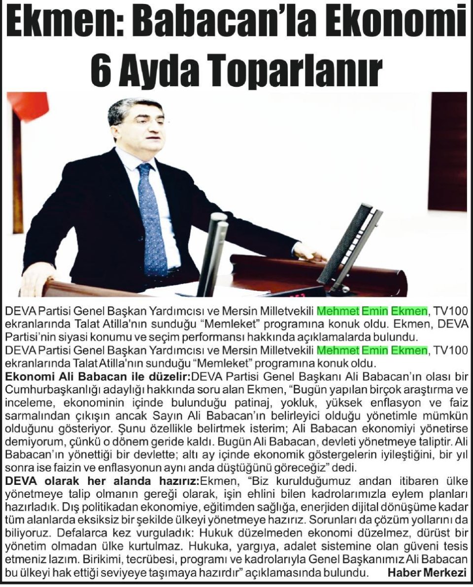 EKMEN: BABACAN'LA EKONOMİ 6 AYDA TOPARLANIR