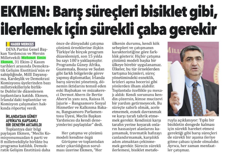 EKMEN: BARIŞ SÜREÇLERİ BİSİKLET GİBİ İLERLEMEK İÇİN SÜREKLİ ÇABA GEREKİR